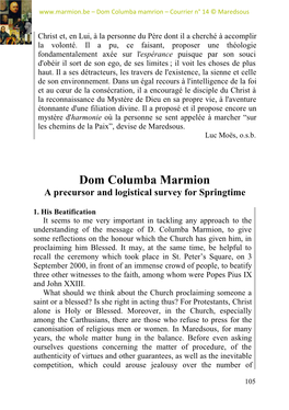 Dom Columba Marmion. a Precursor and Logistical Survey for Springtime