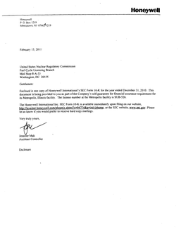Honeywell International's SEC from 10-K for Year Ended 12/31/2010