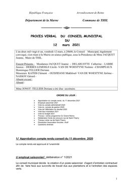 Département De La Marne Commune De THIL PROCES VERBAL DU