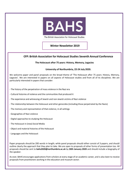 Winter Newsletter 2019 CFP: British Association for Holocaust Studies