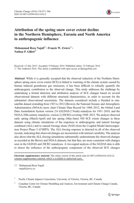 Attribution of the Spring Snow Cover Extent Decline in the Northern Hemisphere, Eurasia and North America to Anthropogenic Influence