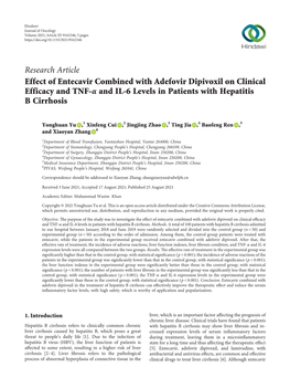 Research Article Effect of Entecavir Combined with Adefovir Dipivoxil on Clinical Efficacy and TNF-Α and IL-6 Levels in Patients with Hepatitis B Cirrhosis