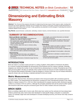 Technical Note 10: Dimensioning and Estimating Brick Masonry