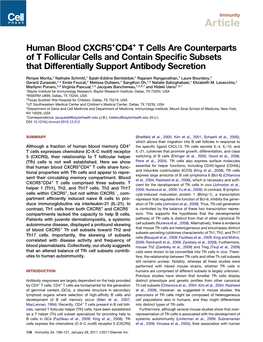 Human Blood CXCR5+CD4+ T Cells Are Counterparts of T Follicular Cells and Contain Speciﬁc Subsets That Differentially Support Antibody Secretion