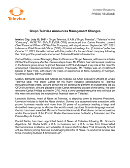 Grupo Televisa Announces Management Changes