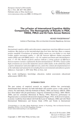 The G-Factor of International Cognitive Ability Comparisons: the Homogeneity of Results in PISA, TIMSS, PIRLS and IQ-Tests Across Nations