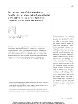 Reconstruction of the Interdental Papilla with an Underlying Subepithelial Connective Tissue Graft: Technical Considerations and Case Reports