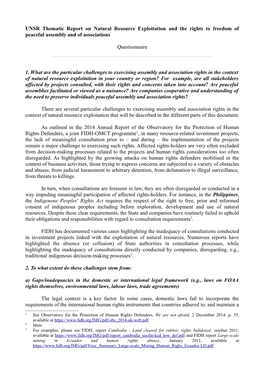 UNSR Thematic Report on Natural Resource Exploitation and the Rights to Freedom of Peaceful Assembly and of Associations Questio