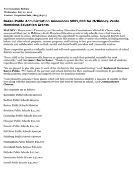 Baker-Polito Administration Announces $805,000 for Mckinney-Vento Homeless Education Grants