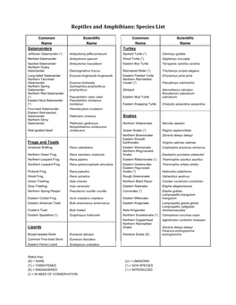 Reptiles and Amphibians: Species List