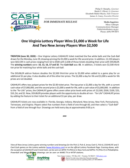 One Virginia Lottery Player Wins $1,000 a Week for Life and Two New Jersey Players Won $2,500