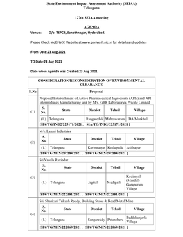 Telangana 127Th SEIAA Meeting AGENDA Venue: O/O. TSPCB, Sanathnagar, Hyder