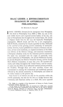 Isaac Leeser: a Jewish-Christian Dialogue in Antebellum Philadelphia