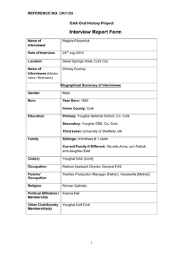 GAA Oral History Project Interview Report Form