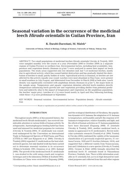 Seasonal Variation in the Occurrence of the Medicinal Leech Hirudo Orientalis in Guilan Province, Iran