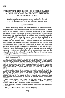 Preserving the Right to Confrontation- a New Approach to Hearsay Evidence in Criminal Trials