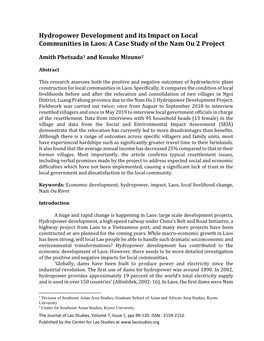 Hydropower Development and Its Impact on Local Communities in Laos: a Case Study of the Nam Ou 2 Project