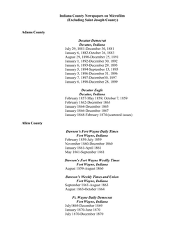 Indiana County Newspapers on Microfilm (Excluding Saint Joseph County)