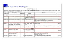 INVITATION to BID the Development Bank of the Philippines (DBP) Will Receive Sealed Bids on CASH and AS-IS, WHERE-IS BASIS on June 10, 2021 at 9:30 A.M