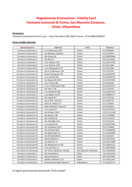 Regolamento Promozione - Fidelity Card Farmacie Comunali Di Torino, San Maurizio Canavese, Chieri, Villastellone