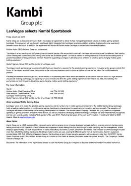 Leovegas Selects Kambi Sportsbook