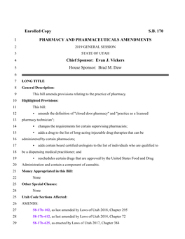 Enrolled Copy SB 170 1 PHARMACY AND