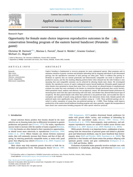 Opportunity for Female Mate Choice Improves Reproductive Outcomes in the Conservation Breeding Program of the Eastern Barred