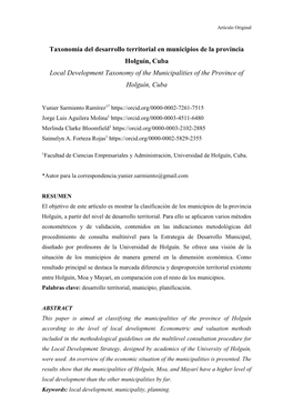 Taxonomía Del Desarrollo Territorial En Municipios De La Provincia Holguín, Cuba Local Development Taxonomy of the Municipalities of the Province of Holguín, Cuba