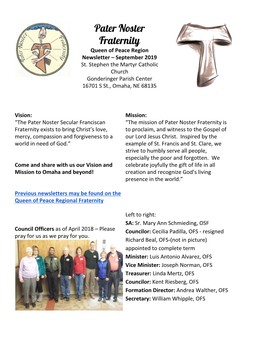 Pater Noster Fraternity Queen of Peace Region Newsletter – September 2019 St