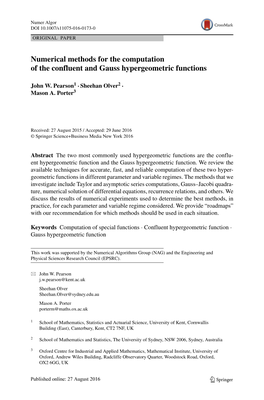 Numerical Methods for the Computation of the Confluent and Gauss Hypergeometric Functions