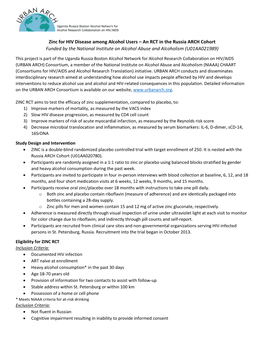 Zinc for HIV Disease Among Alcohol Users – an RCT in the Russia ARCH Cohort Funded by the National Institute on Alcohol Abuse and Alcoholism (U01AA021989)