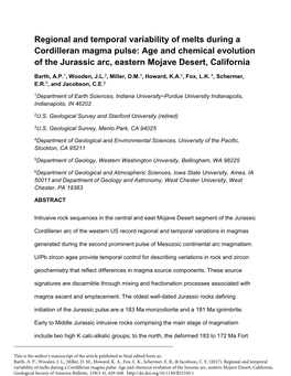 Regional and Temporal Variability of Melts During a Cordilleran Magma Pulse: Age and Chemical Evolution of the Jurassic Arc, Eastern Mojave Desert, California