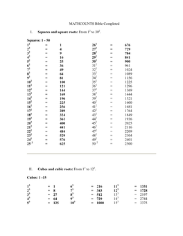 MATHCOUNTS Bible Completed I. Squares and Square Roots: from 1