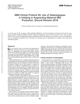 ABM Clinical Protocol #9: Use of Galactogogues in Initiating Or Augmenting Maternal Milk Production, Second Revision 2018