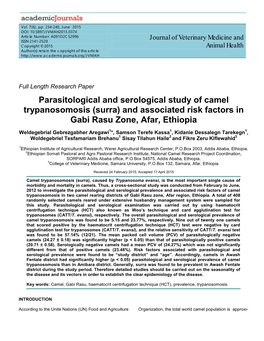 Parasitological and Serological Study of Camel Trypanosomosis (Surra) and Associated Risk Factors in Gabi Rasu Zone, Afar, Ethiopia