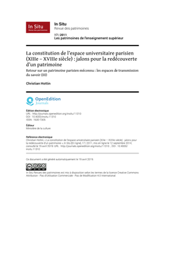 Xiiie – Xviiie Siècle) : Jalons Pour La Redécouverte D’Un Patrimoine Retour Sur Un Patrimoine Parisien Méconnu : Les Espaces De Transmission Du Savoir (III)