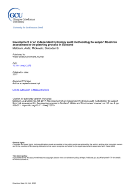 Development of an Independent Hydrology Audit Methodology to Support Flood Risk Assessment in the Planning Process in Scotland Meldrum, Anita; Mickovski, Slobodan B