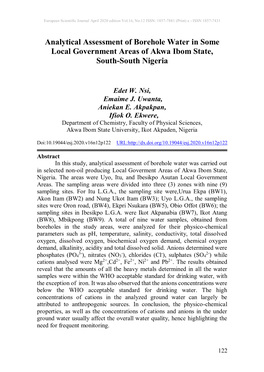 Analytical Assessment of Borehole Water in Some Local Government Areas of Akwa Ibom State, South-South Nigeria