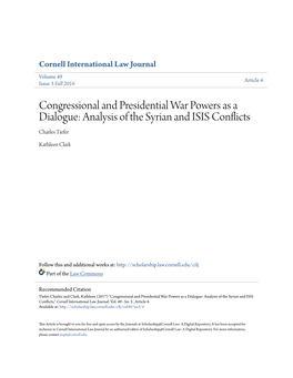 Congressional and Presidential War Powers As a Dialogue: Analysis of the Syrian and ISIS Conflicts Charles Tiefer