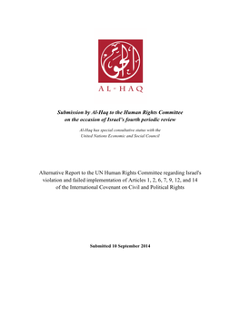 Submission by Al-Haq to the Human Rights Committee on the Occasion of Israel’S Fourth Periodic Review
