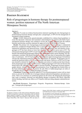 Role of Progestogen in Hormone Therapy for Postmenopausal Women: Position Statement of the North American Menopause Society