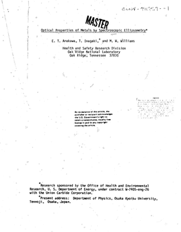 Optical Properties of Metals by Spectroscopic Ellipsometry E. T. Arakawa, T. Inagaki, and M. W. Williams Health and Safety Resea