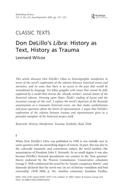 Don Delillo's Libra: History As Text, History As Trauma