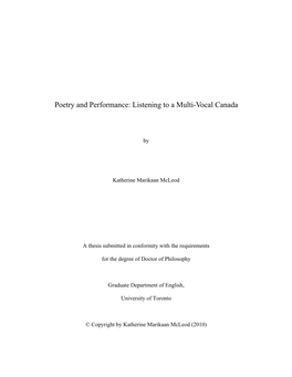 Poetry and Performance: Listening to a Multi-Vocal Canada