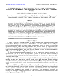 EFFECT of AQUEOUS EXTRACT and COMPOST of INVASIVE WEED Ageratina Adenophora on SEED GERMINATION and SEEDLING GROWTH of SOME CROPS and WEEDS Das, M