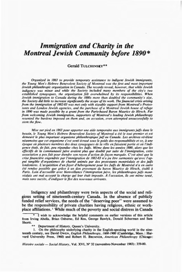 Immigration and Charity in the Montreal Jewish Community Before 1890*