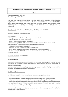 Reunion Du Conseil Municipal Du Mardi 28 Janvier 2020 N° 1