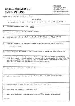 GENERAL AGREEMENT ONTBT/Notif.87.12024 August 1987 TARIFFS and TRADE Special Distribution