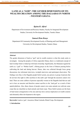 Land As a “God”: the Gender Dimensions of Its Wealth Creation Among the Dagaabas in North - Western Ghana