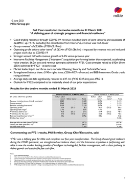 FY21 Preliminary Results Statement